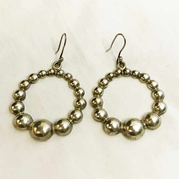 MEXICO Vintage Sterling Silver Ball Hoop Earrings - Picture 2 of 4